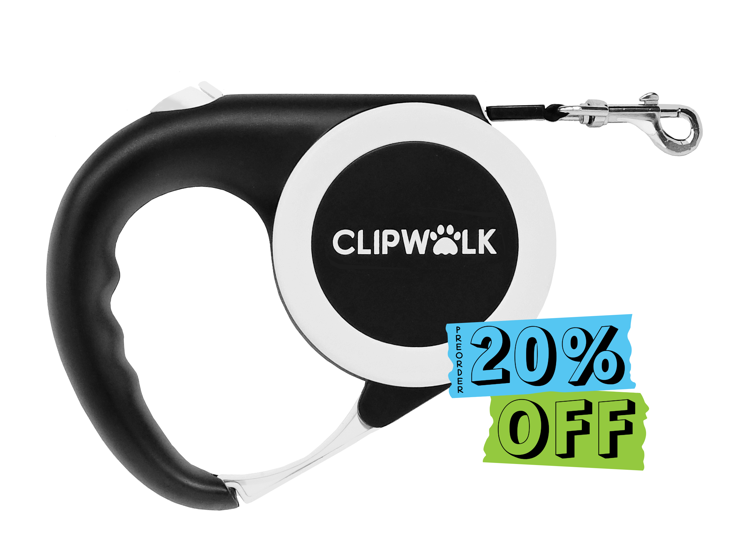 ClipWalk retractable dog leash with  promotional 20% Off text on a white background.